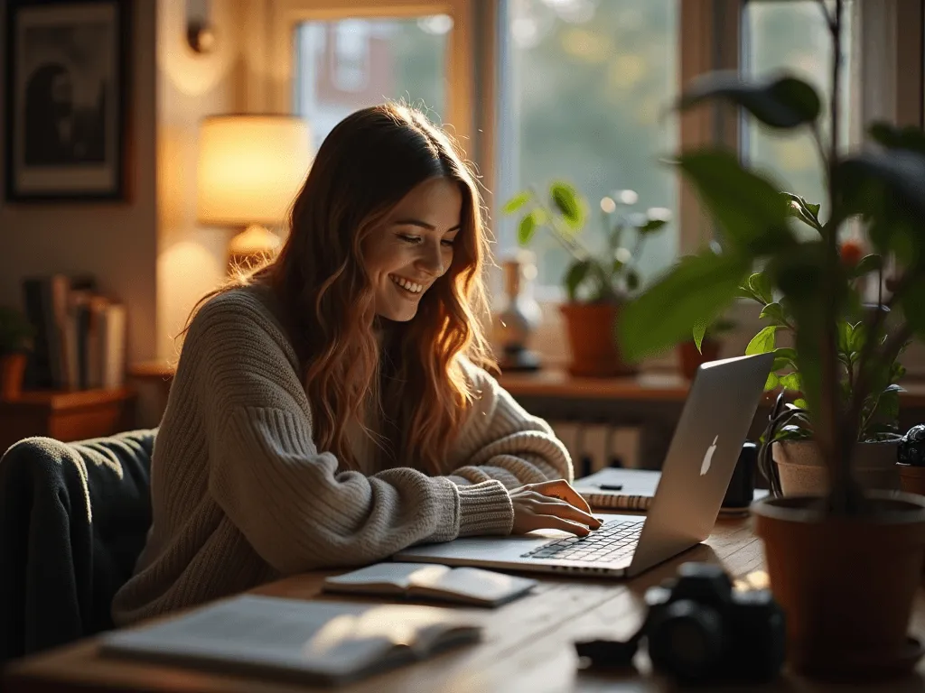 Nuori sisällöntuottaja hymyilee kotistudiossa pehmeässä luonnollisessa valossa