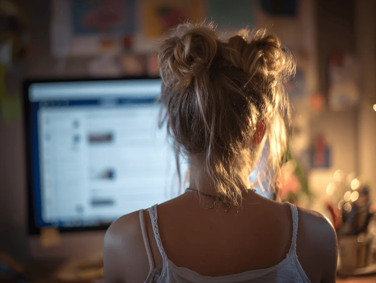 Nainen kotistudiossa pitelee vesileimattua valokuvaa ja älypuhelinta