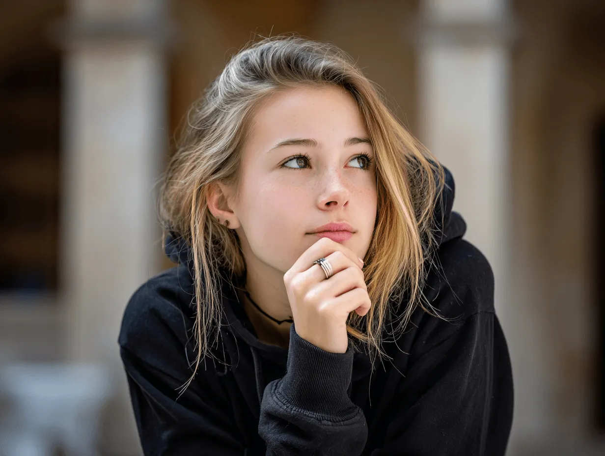 Nuori naissisällöntuottaja työskentelee kotistudiossa, pitää kädessään älypuhelinta ja hymyilee luonnollisessa valaistuksessa