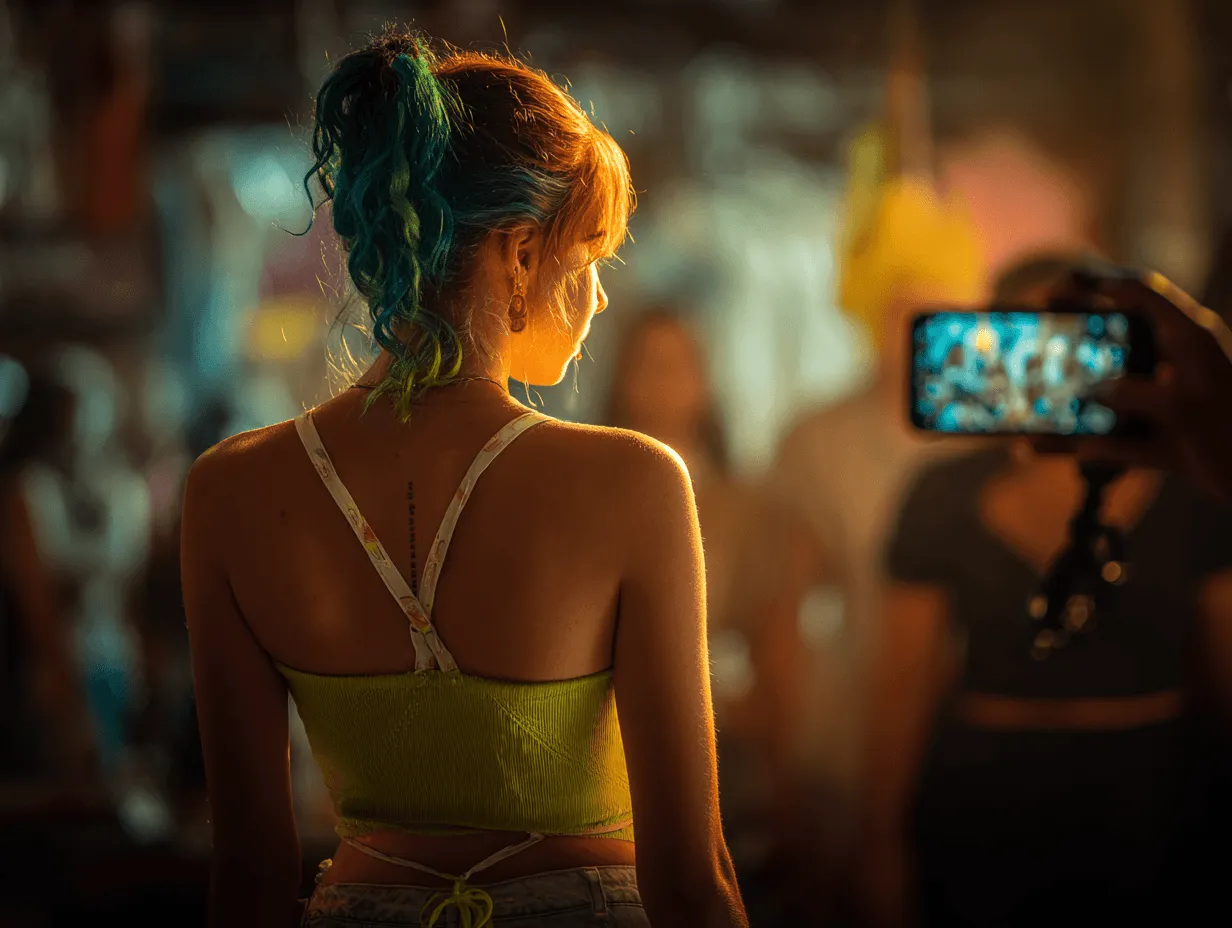 Nuori nainen kotistudiossa suunnittelemassa TikTok- ja OnlyFans-profiilien sisältöä